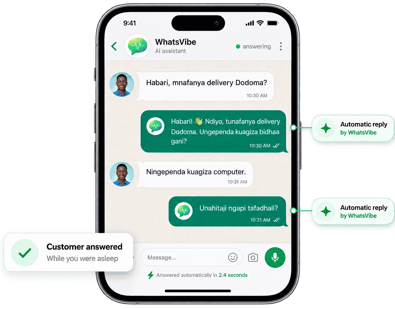 WhatsVibe automatically answering a customer conversation